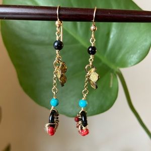 Delicate Handmade Earrings - Black, Turquoise and Red mixed stones